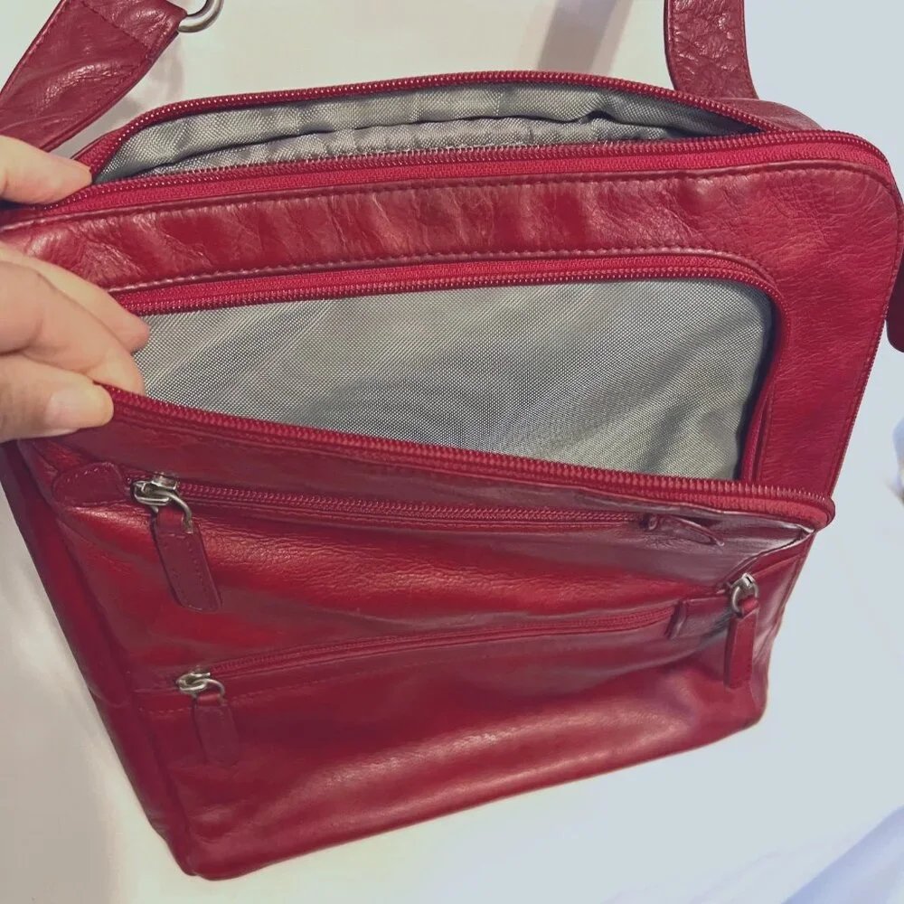 Levenger Red Leather Crossbody I pad/Small Laptop Bag/Purse-Pockets-Adjust Strap